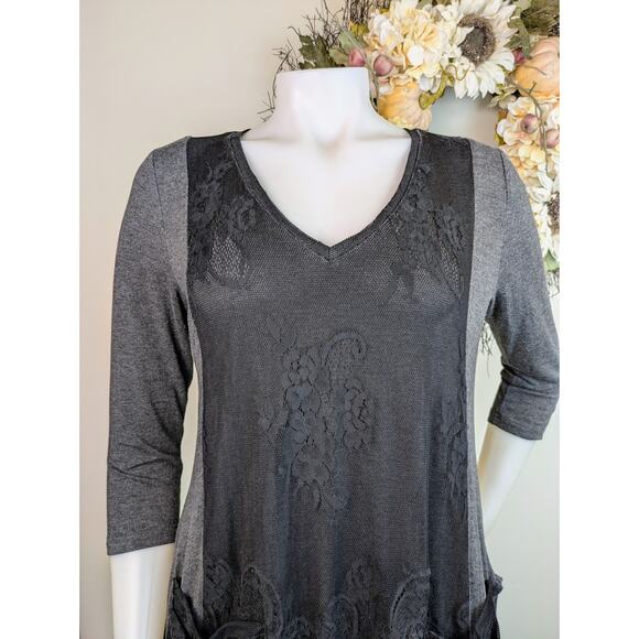 Lynn Ritchie Silver Tunic Top Medium Heather Gray Black Lace Jersey Whimsygoth - Picture 5 of 12